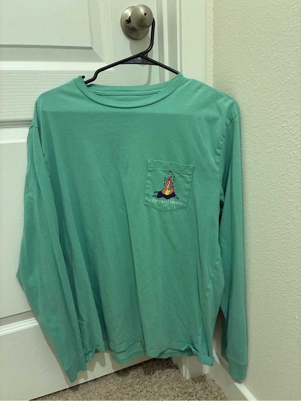 Vineyard Vines Seafoam Green Long-Sleeve Pocket Tee with Flame Graphic